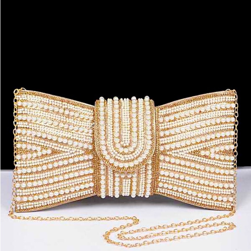 Gold Freshwater Pearl Bow Clutch Evening Bag